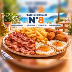 P.C.-8.OCHO LONCHAS BACON, DOS HUEVOS, PATATAS Y CROQUETAS