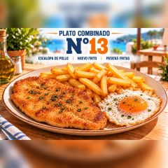 P.C.-13.ESCALOPA POLLO, HUEVO FRITO Y PATATAS FRITAS