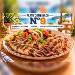 P.C.-9.CALAMARES A LA PLANCHA, ENSALADA Y ARROZ SALTEADO CON JAMON
