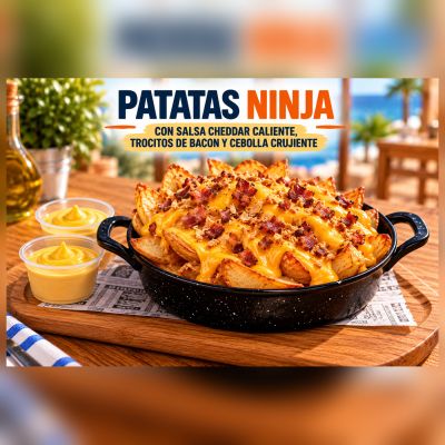 PATATAS NINJA (CON SALSA CHEDDAR, BACON Y CEBOLLA CRUJIENTE) – imagen 1