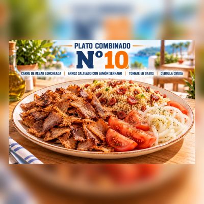 P.C.-10.CARNE DE KEBAB, ARROZ SALTEADO CON JAMON, TOMATE LONCHA Y CEBOLLA CRUDA – imagen 1