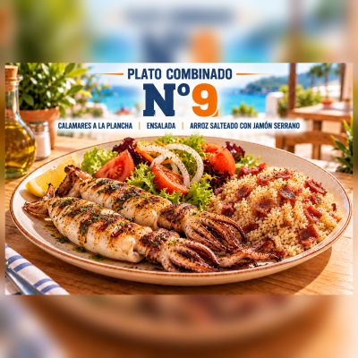 P.C.-9.CALAMARES A LA PLANCHA, ENSALADA Y ARROZ SALTEADO CON JAMON – imagen 1